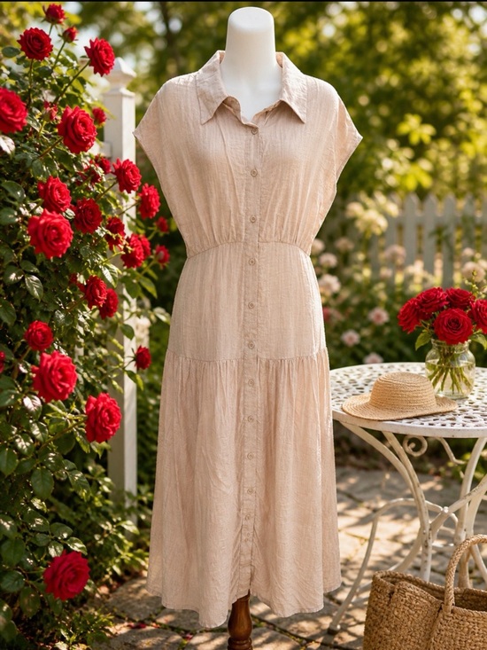 All:Row Dresses & Skirts - Women's Cream Button-Front tired Maxi Dress with Collar and Cap Sleeves size L